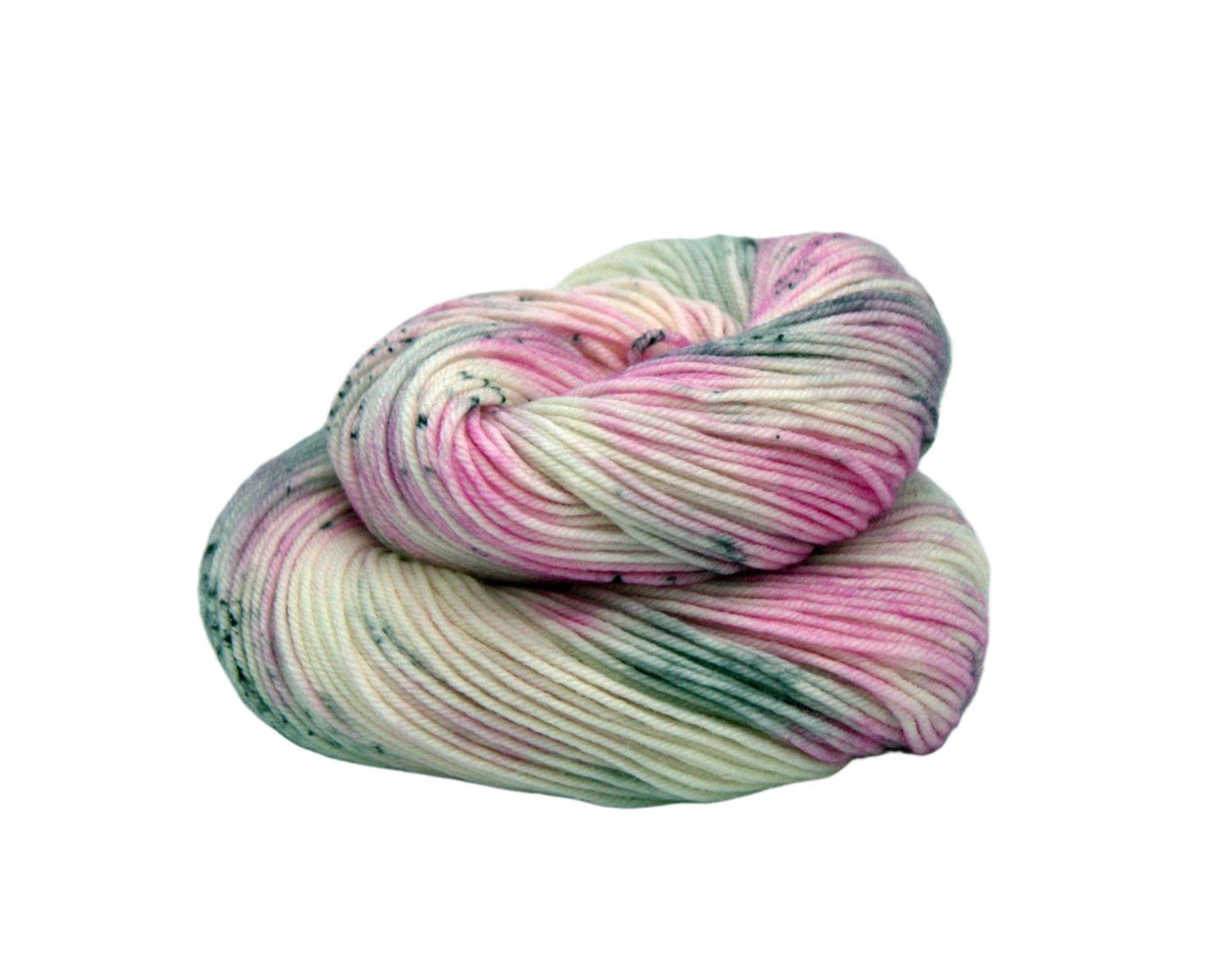one curled skein of pink, white and gray yarn with dark gray speckles on white background.