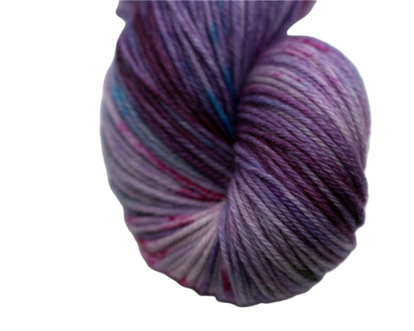 close up of one twisted skein of light purple yarn with turquoise, magenta and black speckles on white background.