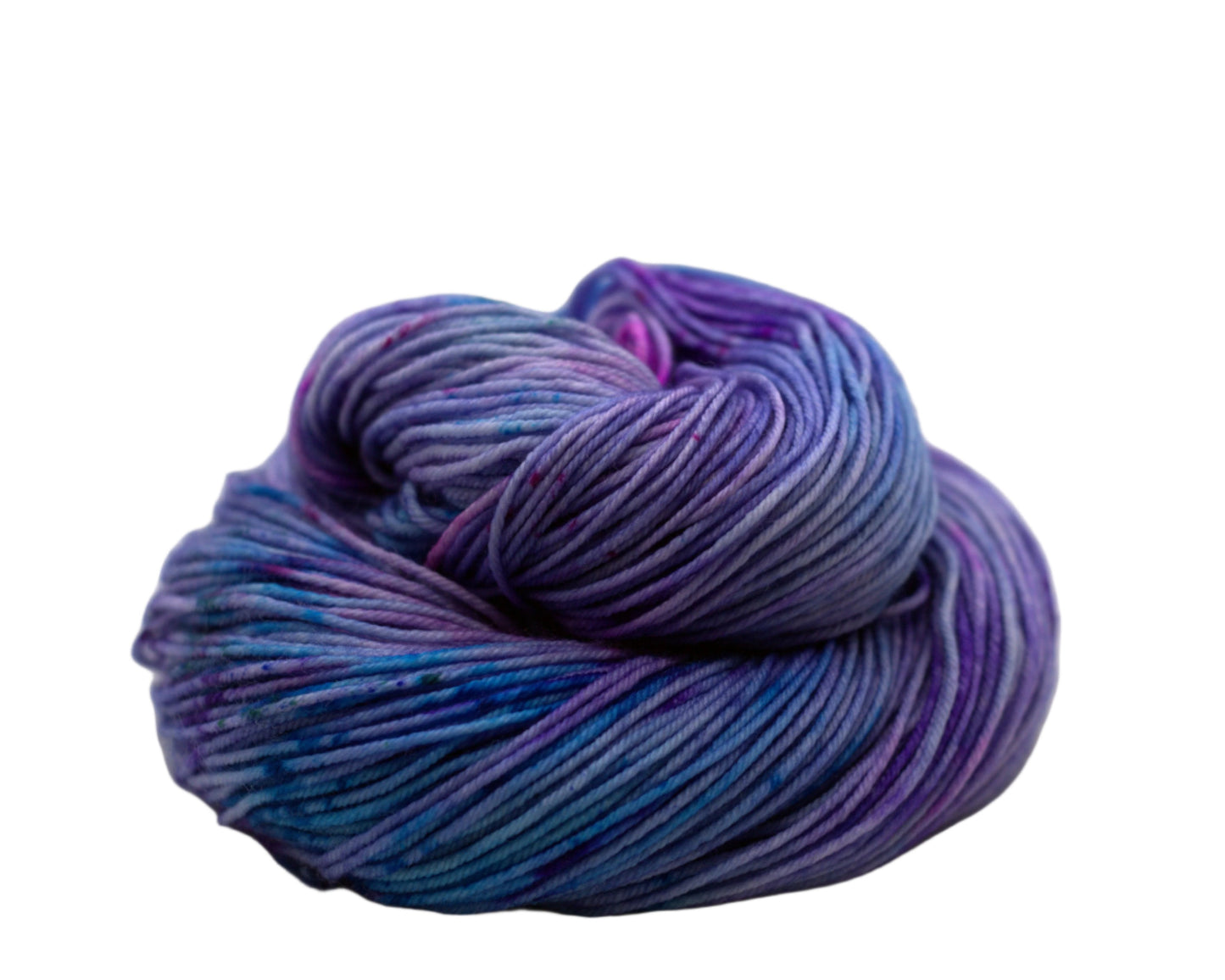 one curled skein of light purple yarn with turquoise, magenta and black speckles on white background.