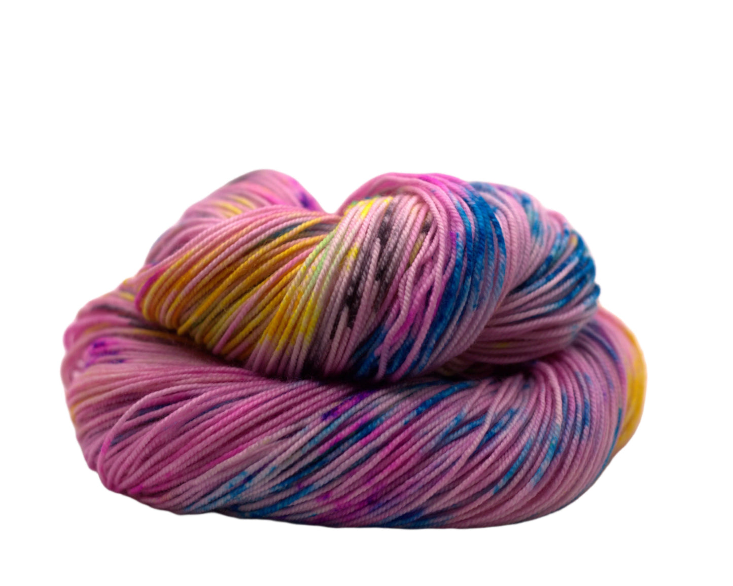 one curled up skein of pink yarn with turquoise, yellow and black speckles on white background.