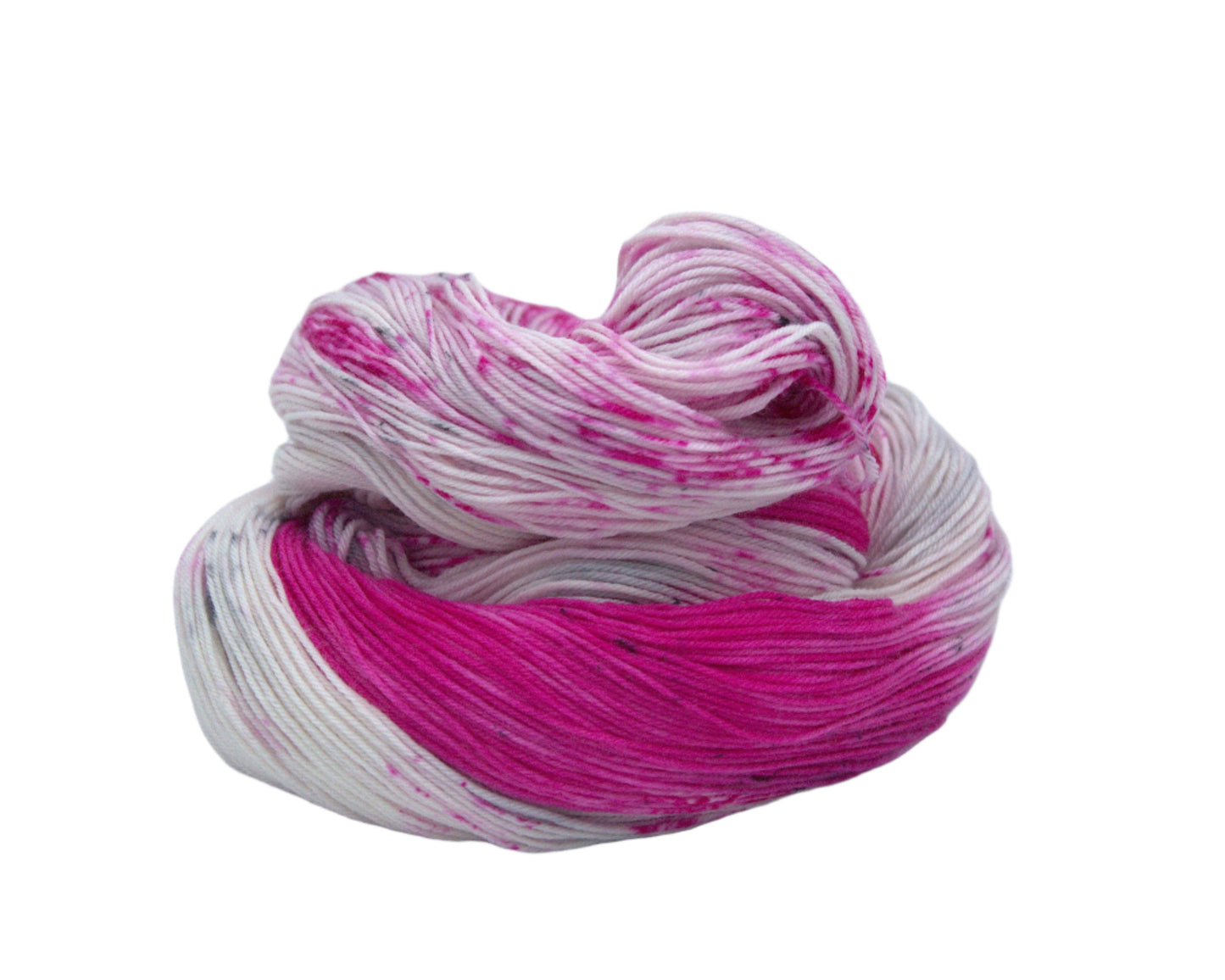 one curled up skein bright pink variegated yarn with pink and dark gray speckles on light background.