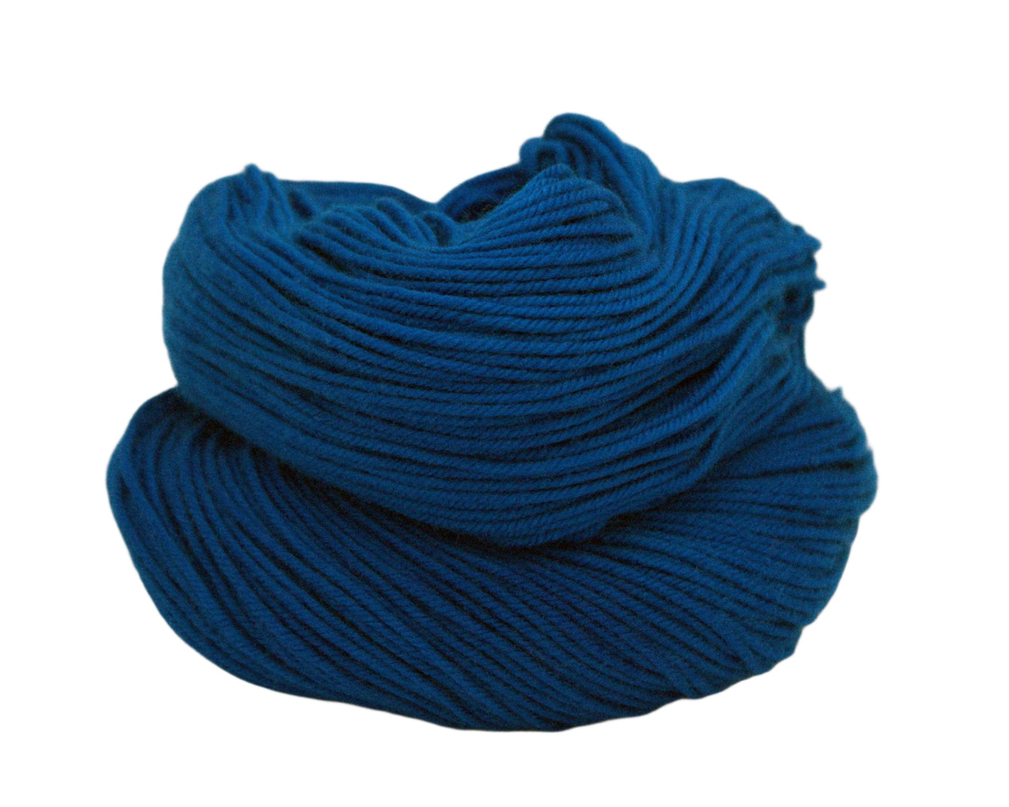 curled up skein of peacock blue yarn on white background.