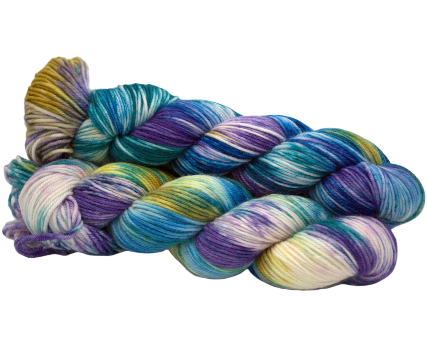 side view of three twisted skeins variegated blue, purple, teal, gold and white yarn on white background.