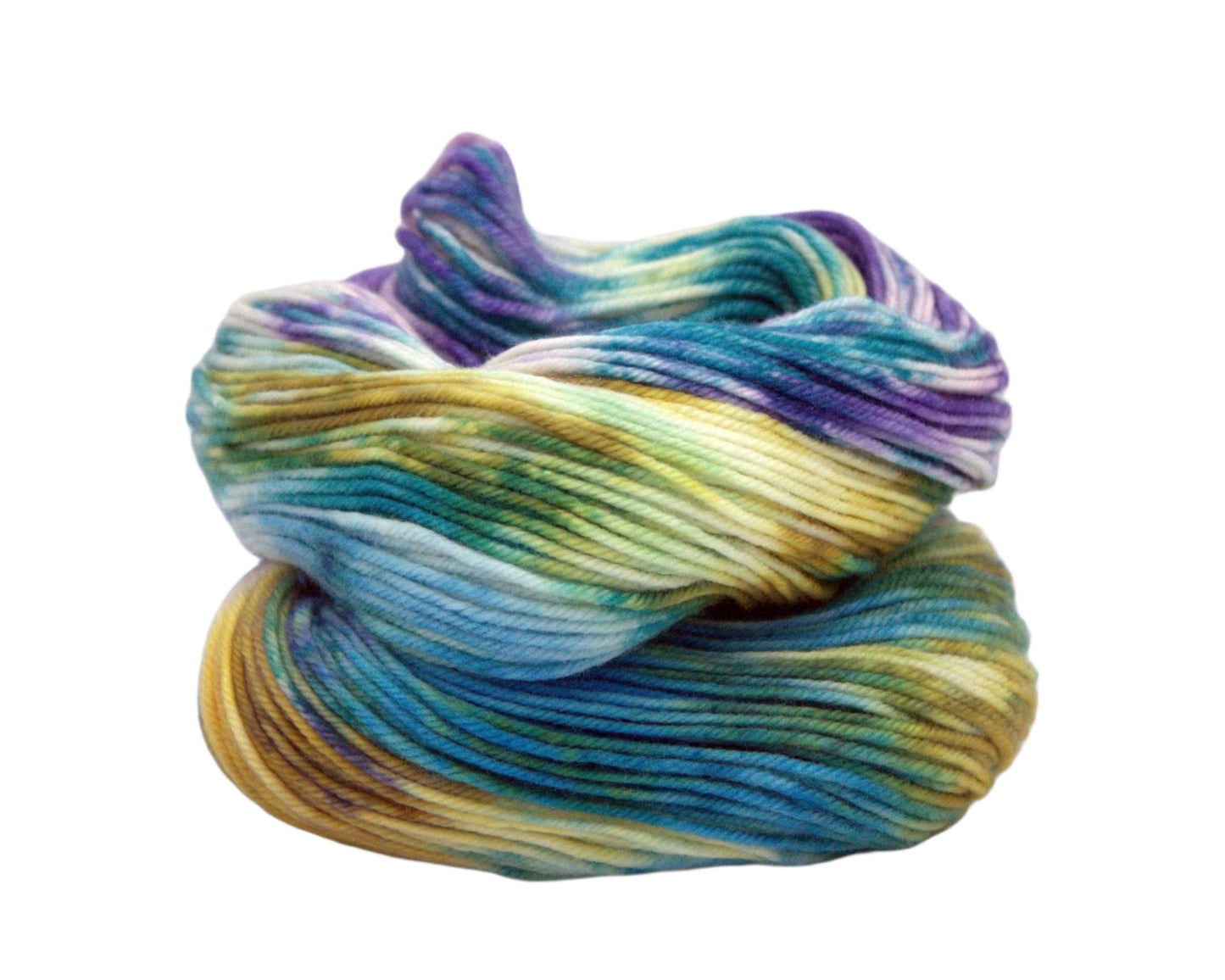 curled up skein variegated blue, purple, teal, gold and white yarn on white background.