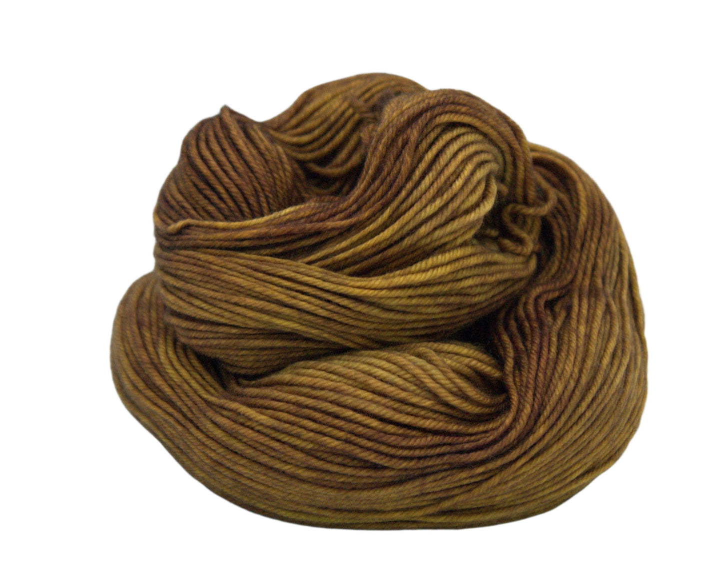 one curled up skein tonal dark gold yarn on white background.