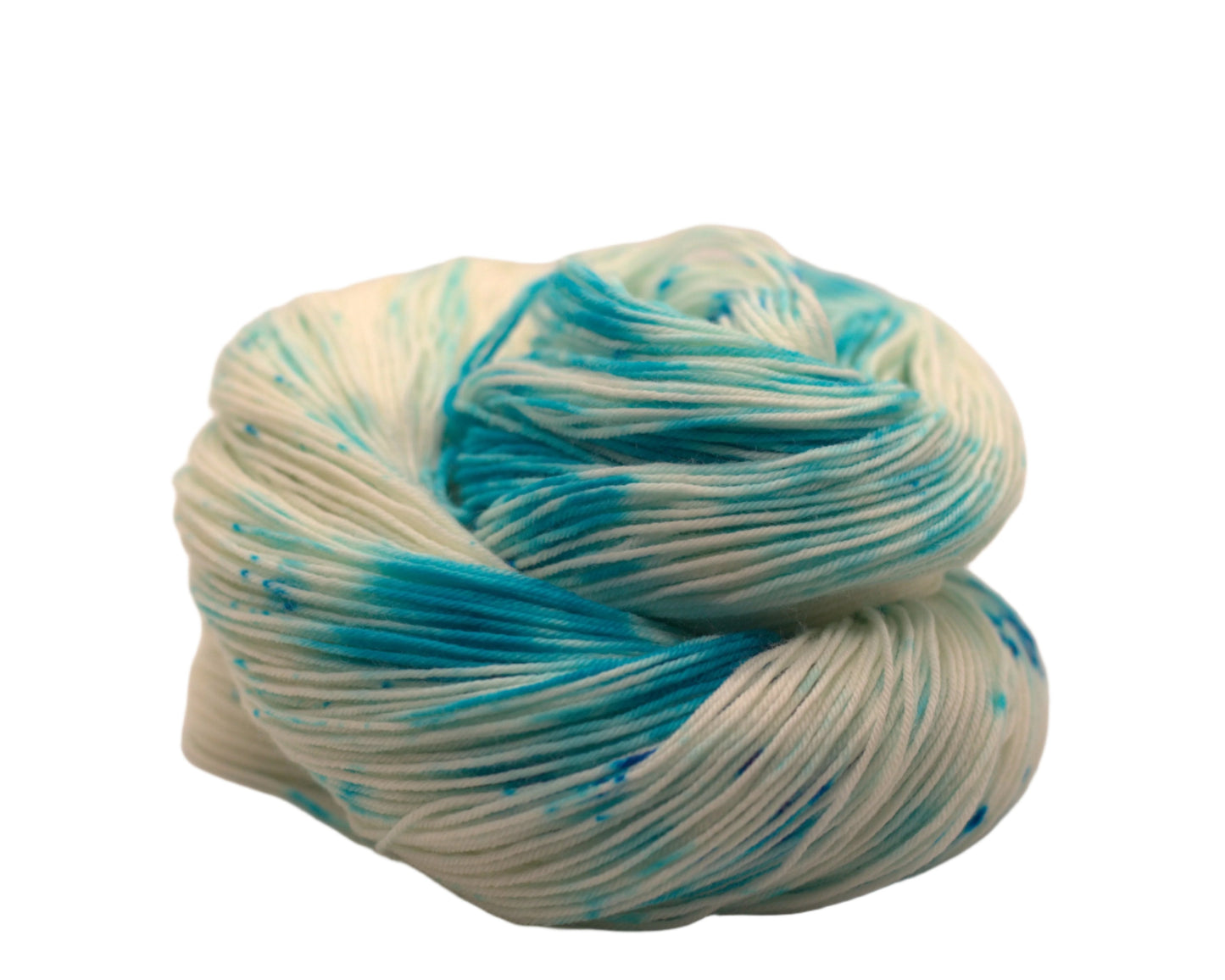 one curled up skein of turquoise speckled yarn on white background.