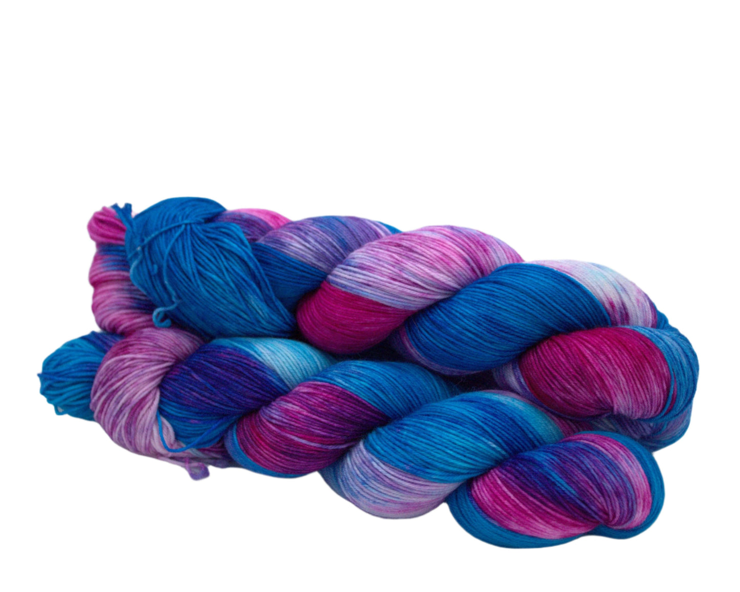 Side view of three twisted skeins of turquoise, magenta, and purple variegated yarn on a white background.