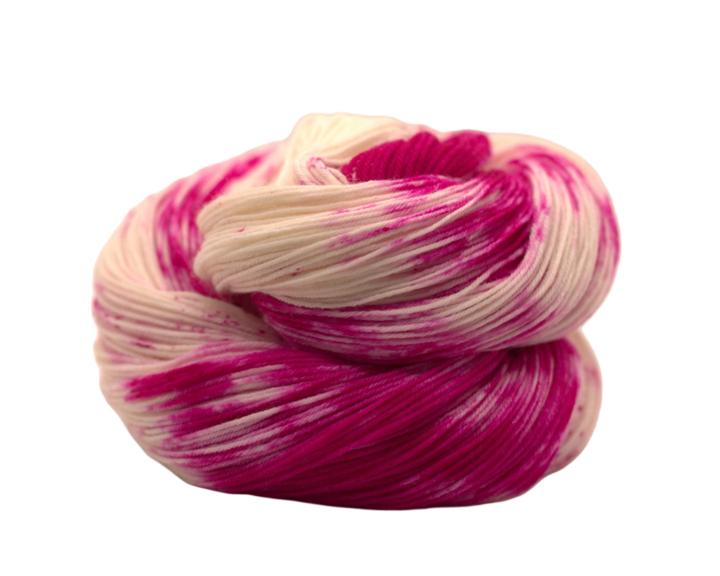 one curled up skein bright pink speckled yarn on white background.