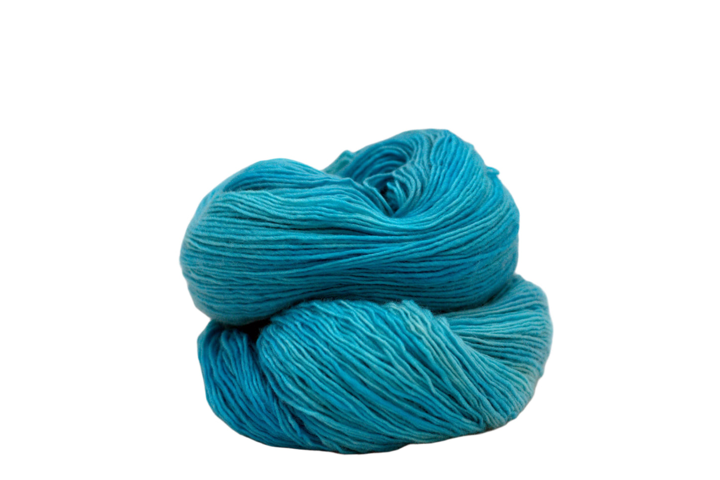 one skein curled up tonal turquoise yarn on white background.