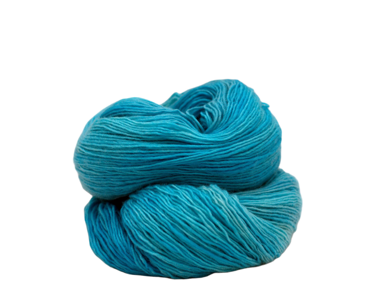 one skein curled up tonal turquoise yarn on white background.