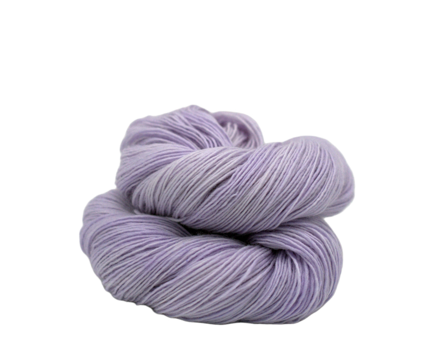 one curled skein of tonal light lilac colored yarn on white background.