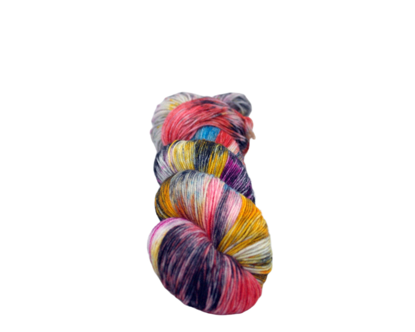 one twisted skein of multicolored speckled yarn on white background.