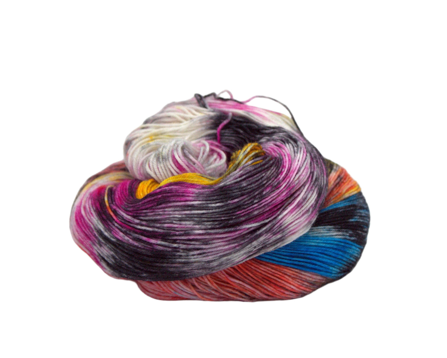 one curled up skein of multicolored speckled yarn on white background.