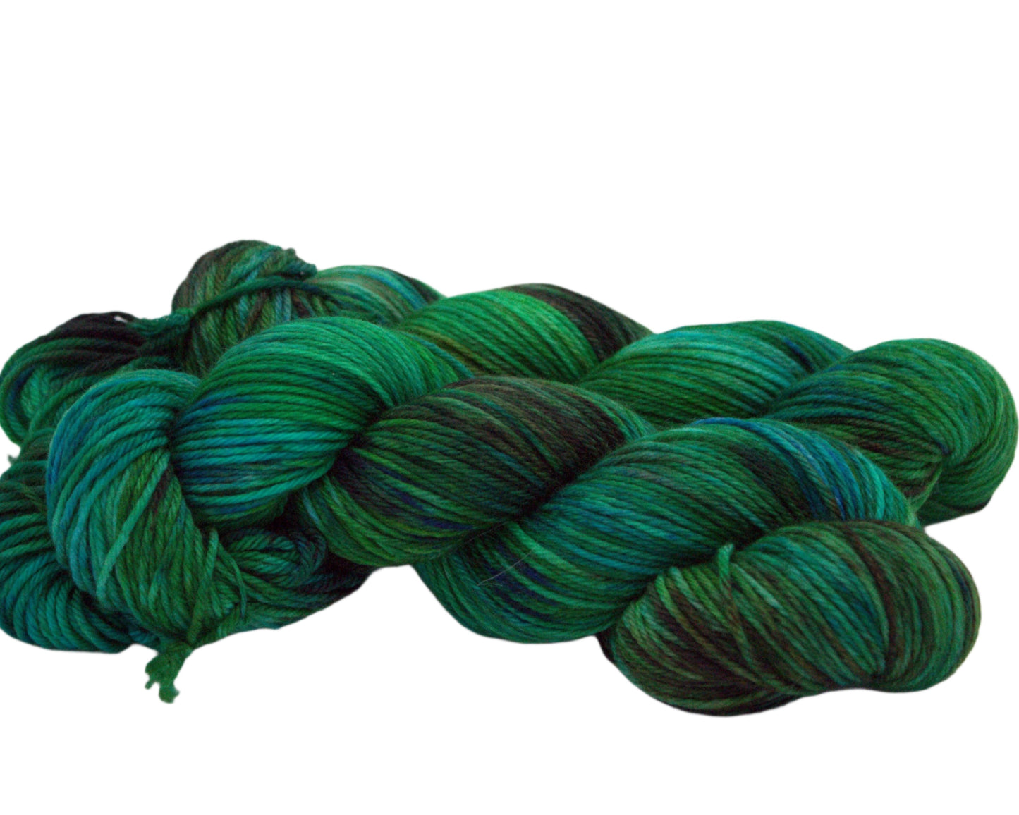 side view two twisted skeins variegated green and brown yarn on white background,