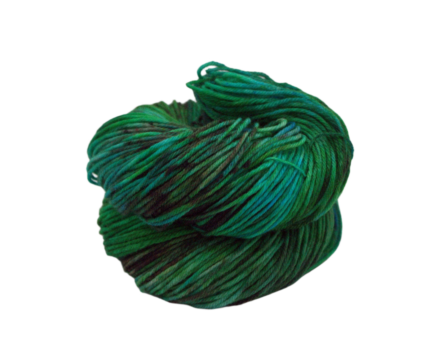 one curled up skein variegated green and brown yarn on white background.