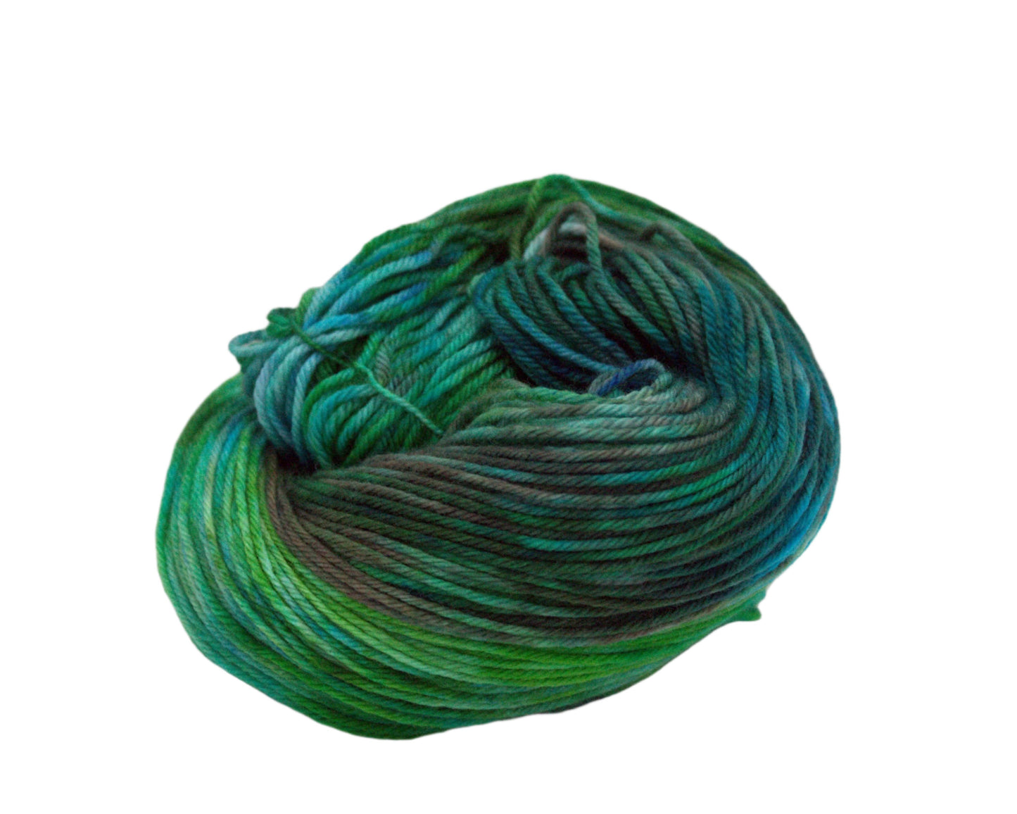 one curled up skein of variegated green, blue and brown yarn on white background.