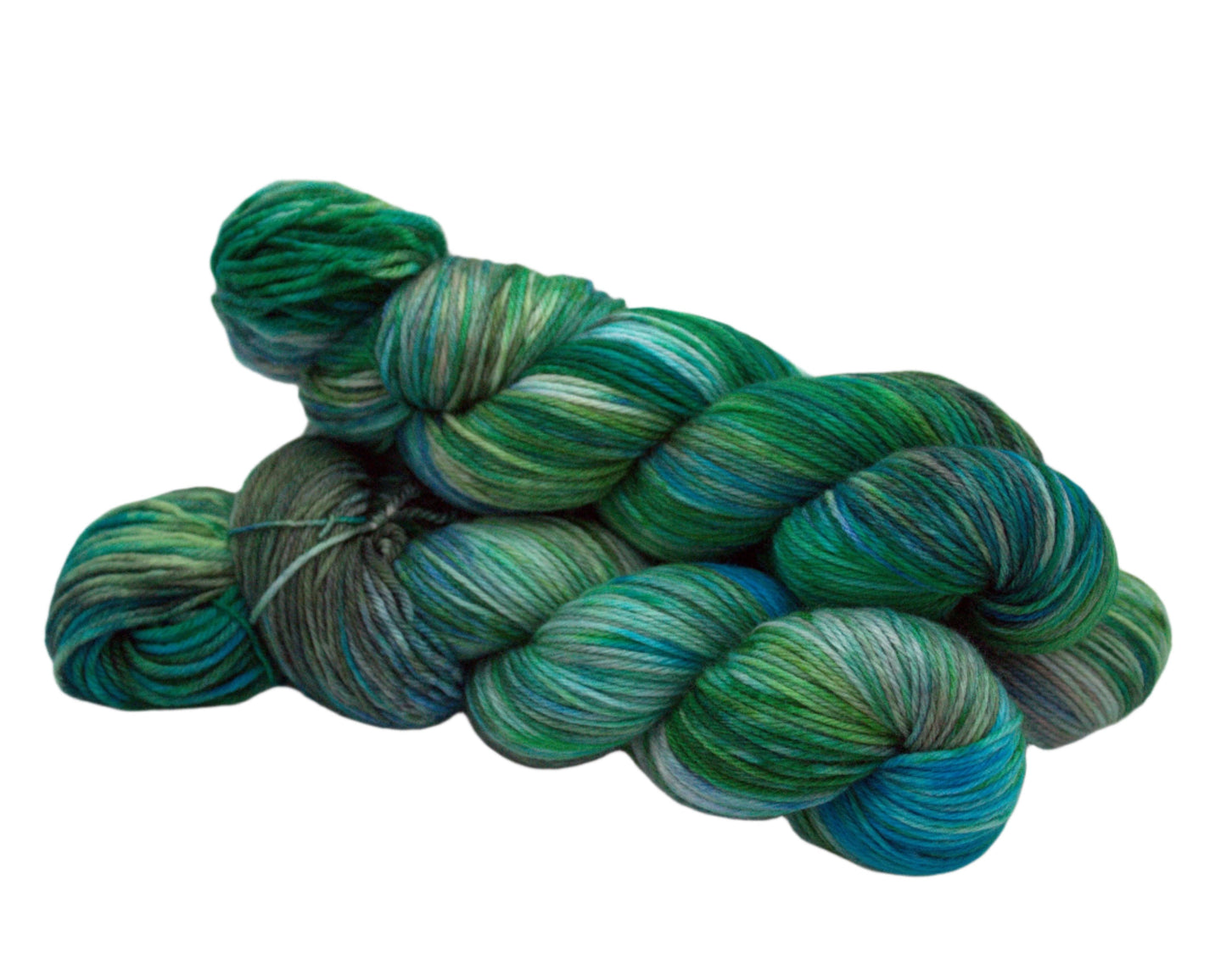 side view of three twisted skeins variegated green, blue and brown yarn on white background.
