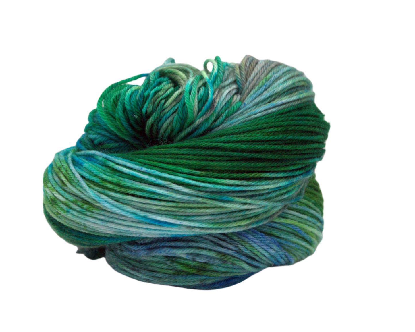 one curled up skein variegated green, blue and brown yarn on white background.