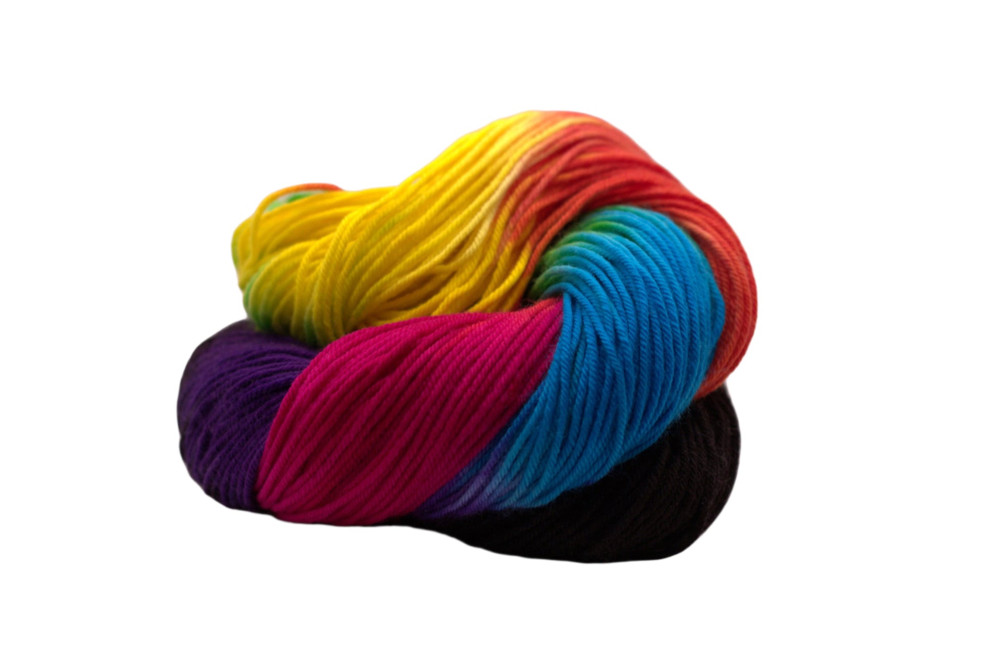 One curled up skein of black and rainbow colored yarn on a white background.