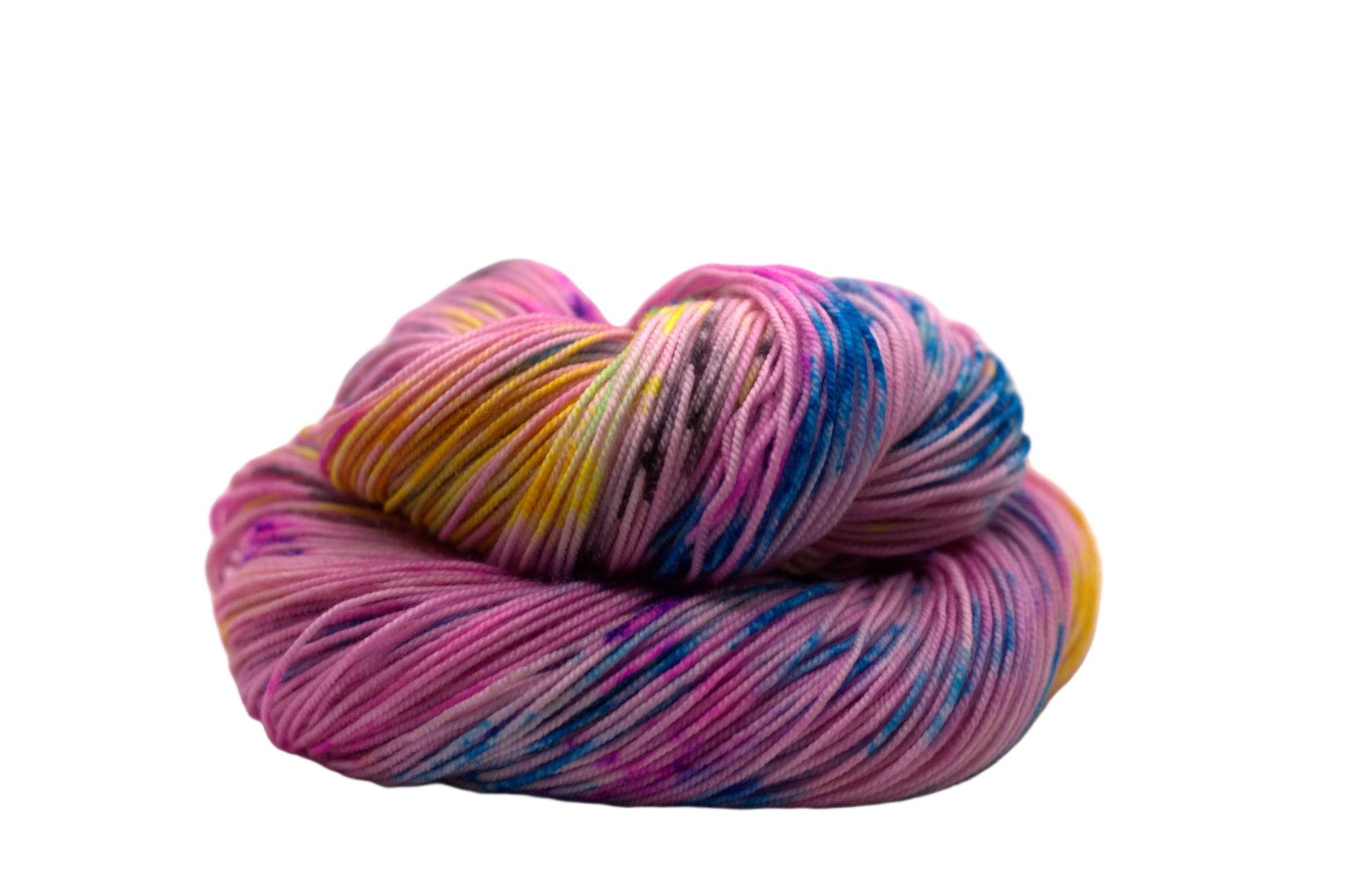 one curled up skein of pink yarn with turquoise, yellow and black speckles on white background.