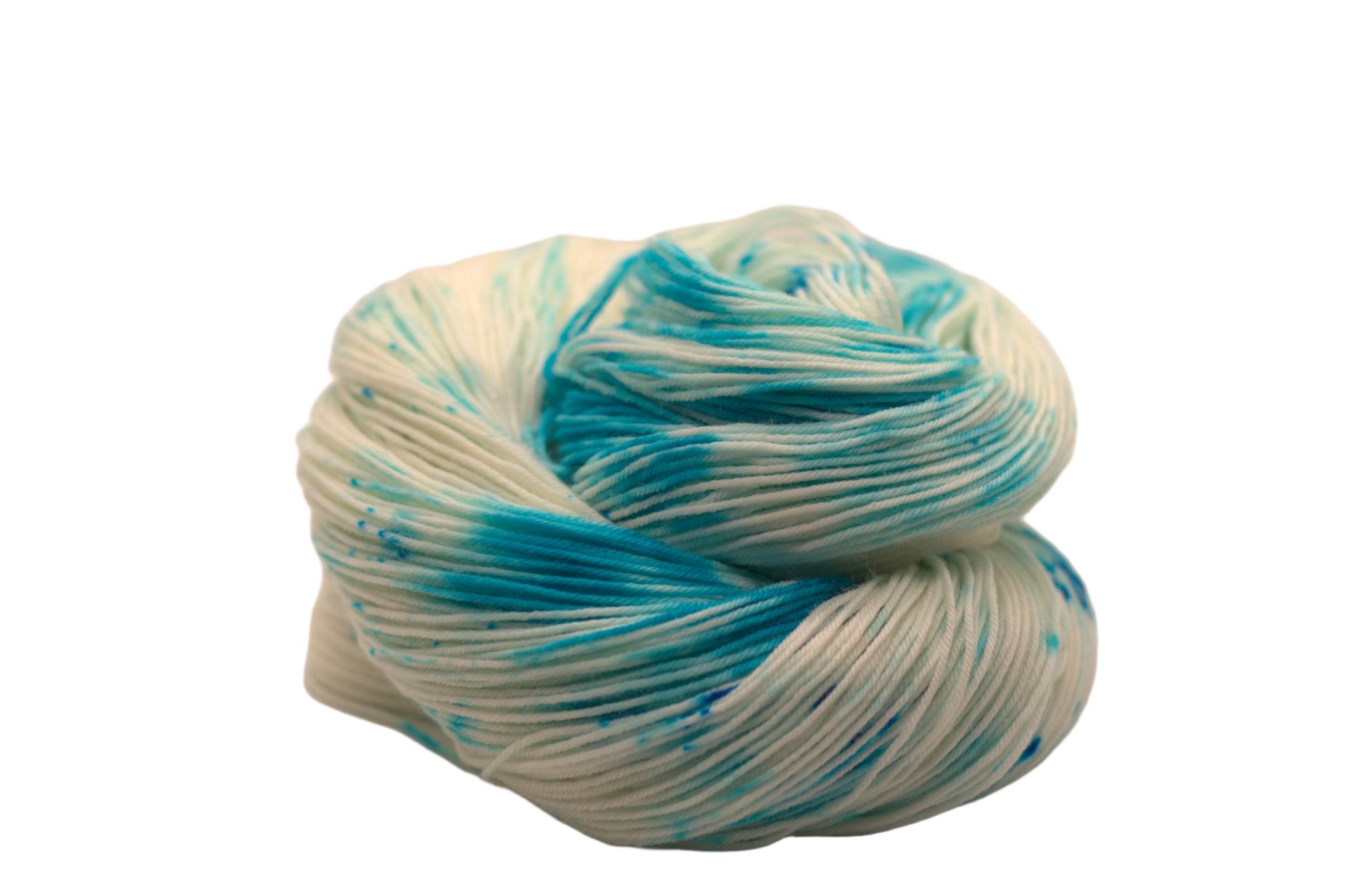 one curled up skein of turquoise speckled yarn on white background.