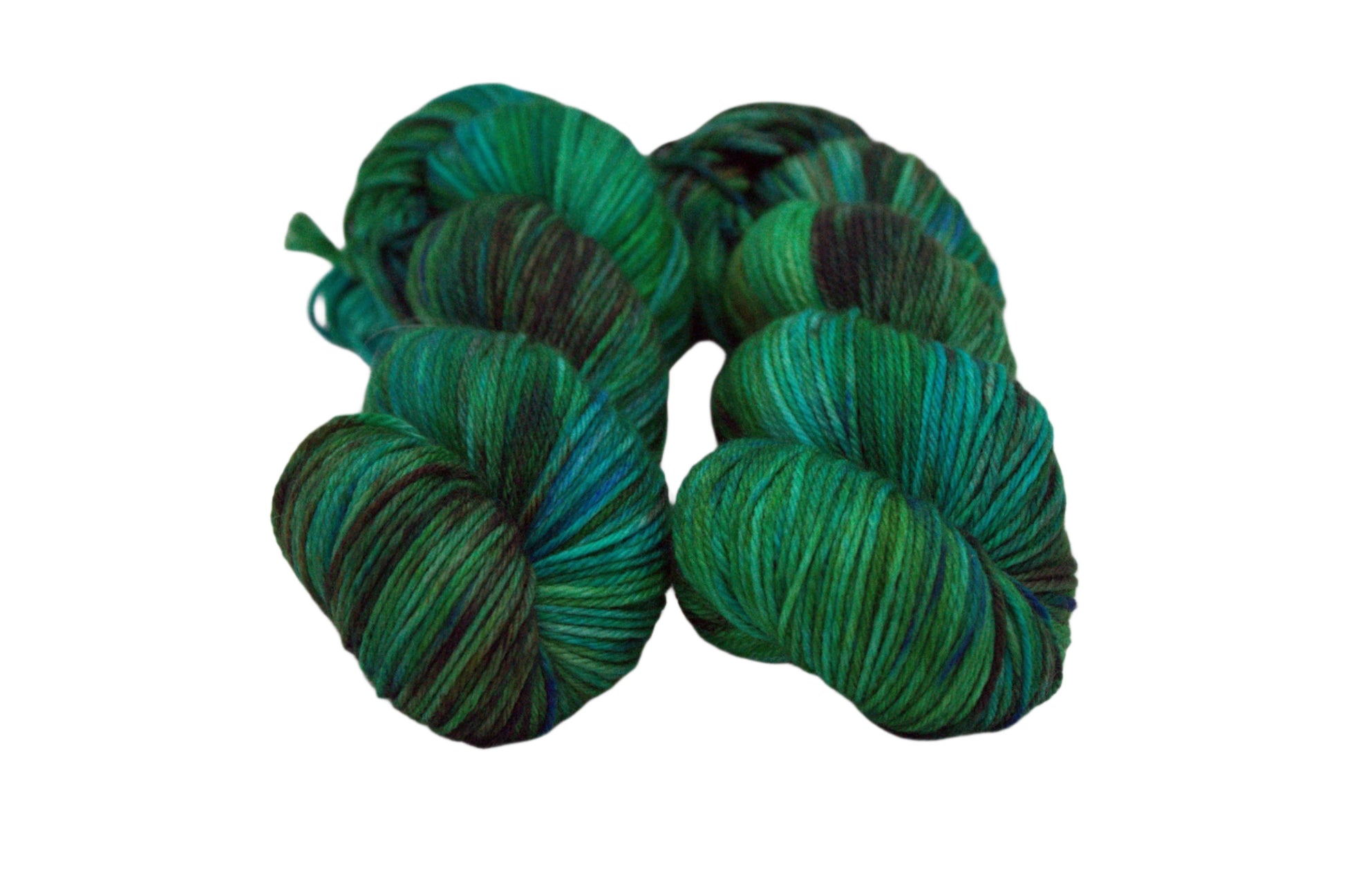 two twisted skeins variegated green and brown yarn on white background.