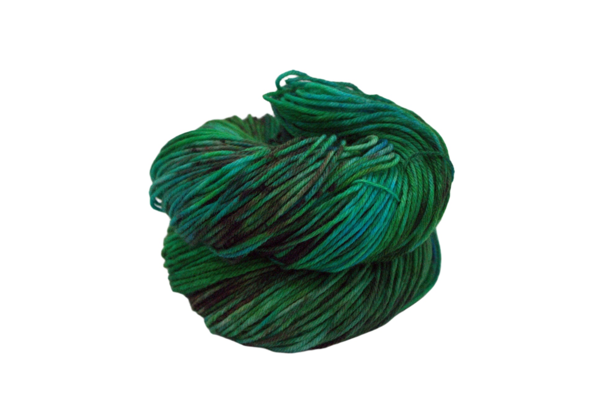 one curled up skein variegated green and brown yarn on white background.