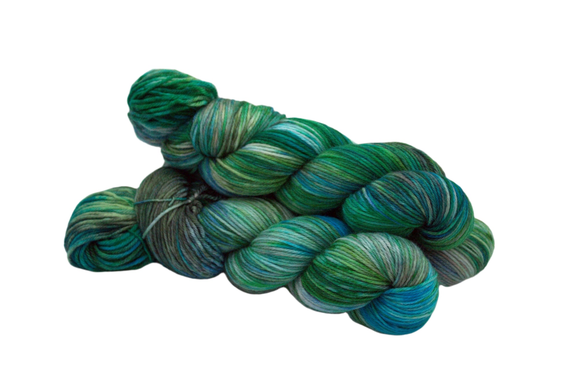 side view of three twisted skeins variegated green, blue and brown yarn on white background.