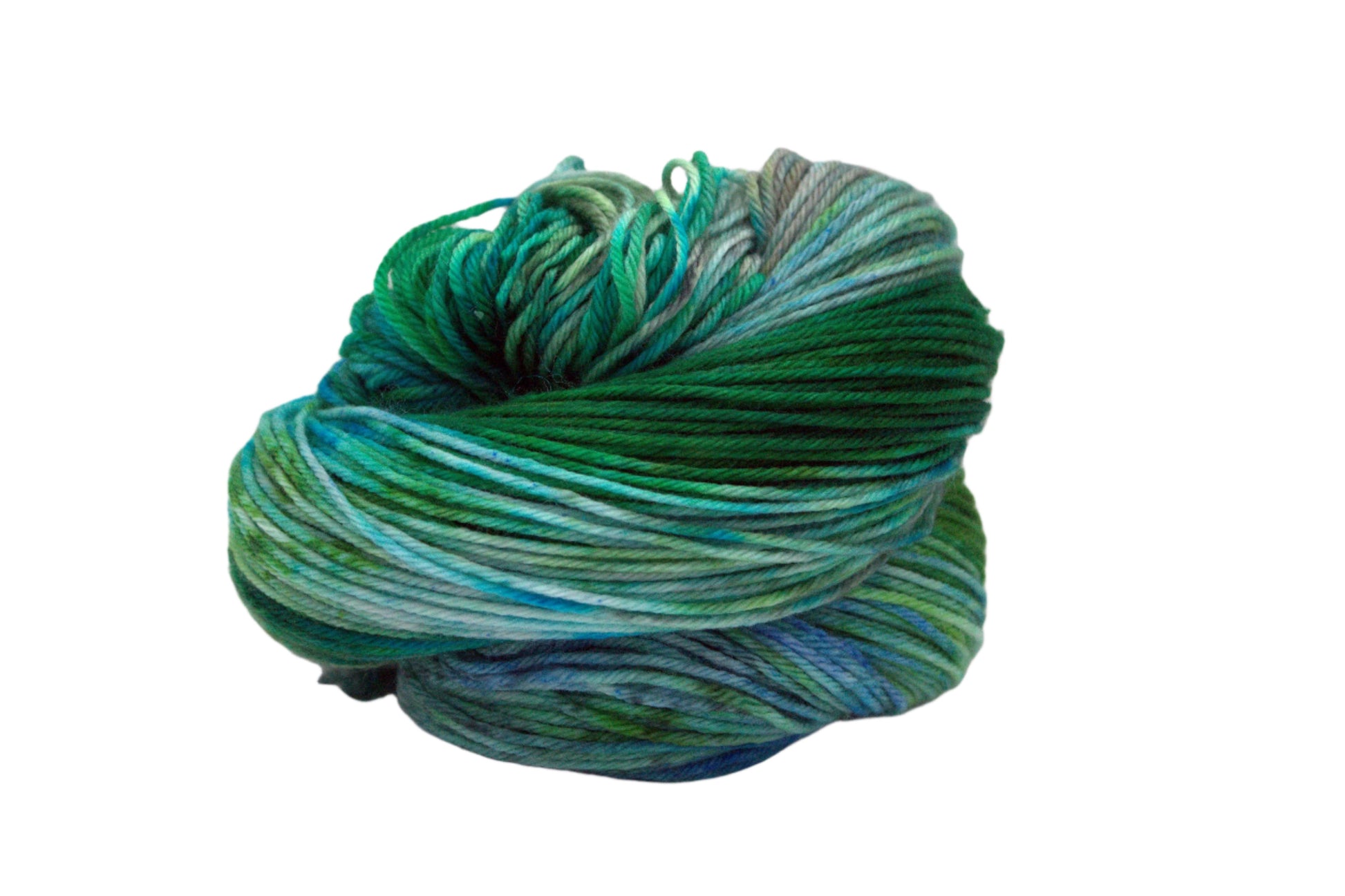 one curled up skein variegated green, blue and brown yarn on white background.